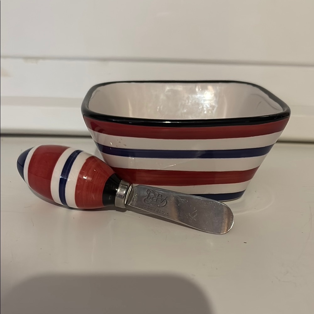 Red, White, and Blue Striped Bowl with Spreader